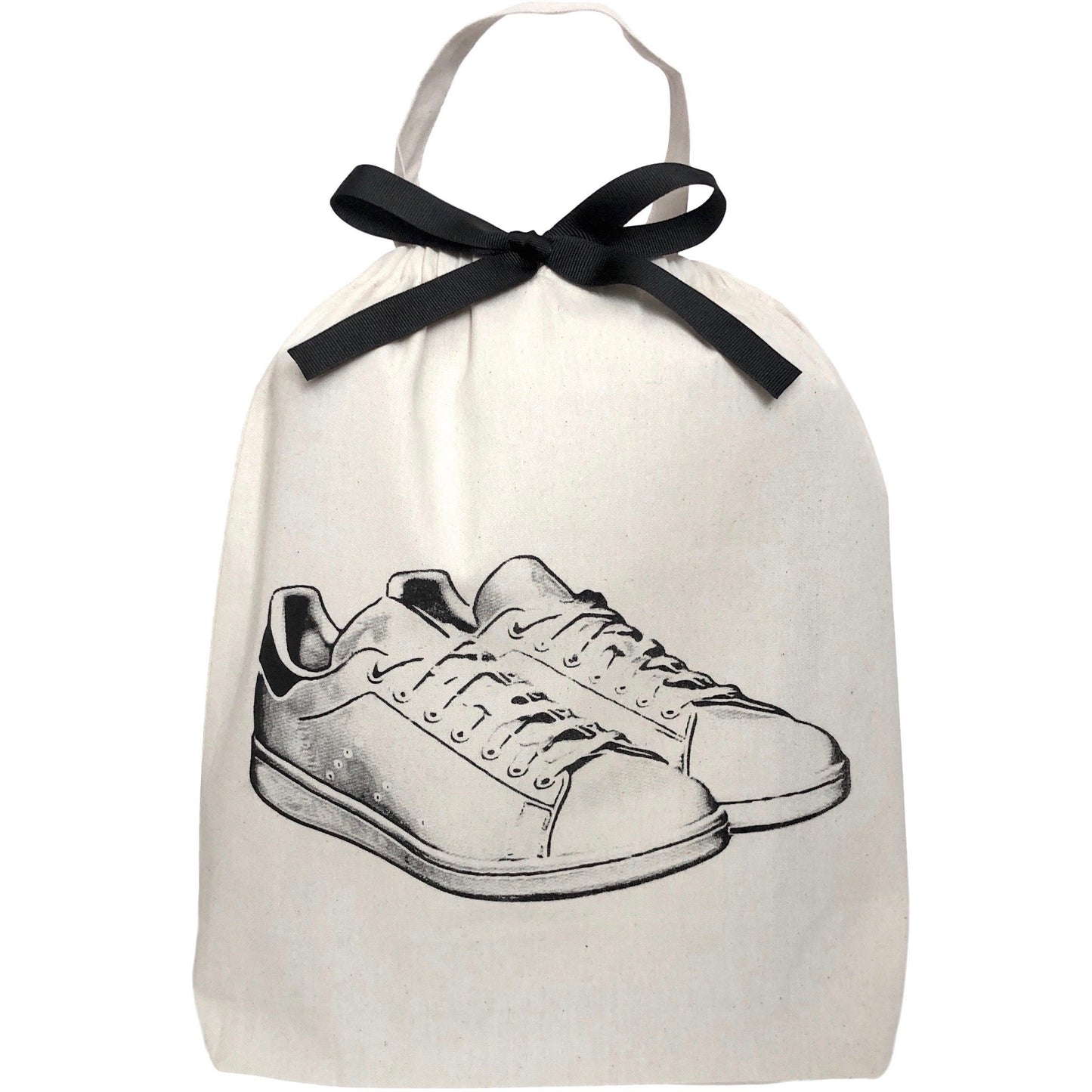 Bag-all White Sneaker Shoe Bag in cream cotton featuring black bow and hand-drawn sneaker design, with drawstring closure and carrying handle for stylish footwear storage