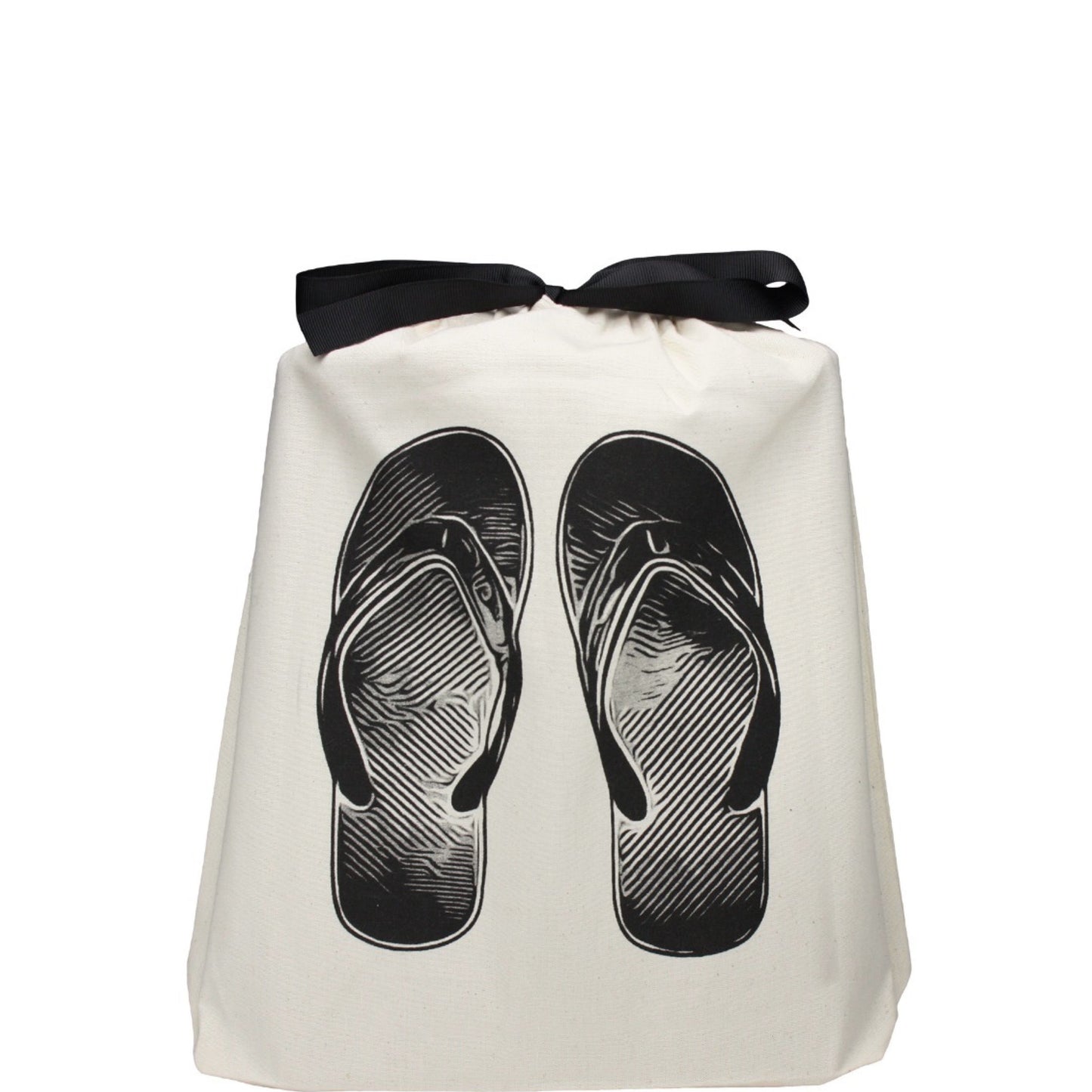 Bag-all Cream Flip Flops Shoe Bag featuring black flip flop print and ribbon tie, perfect for beach travel organization and storage