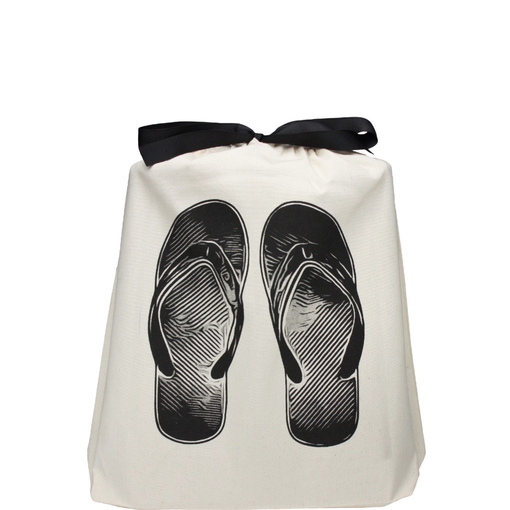 Bag-all Cream Flip Flops Shoe Bag featuring black flip flop print and ribbon tie, perfect for beach travel organization and storage