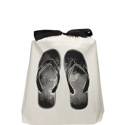 Bag-all Cream Flip Flops Shoe Bag featuring black flip flop print and ribbon tie, perfect for beach travel organization and storage
