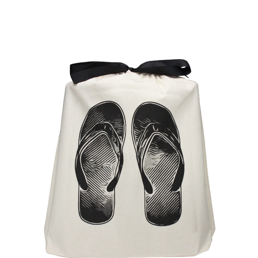 Bag-all Cream Flip Flops Shoe Bag featuring black flip flop print and ribbon tie, perfect for beach travel organization and storage