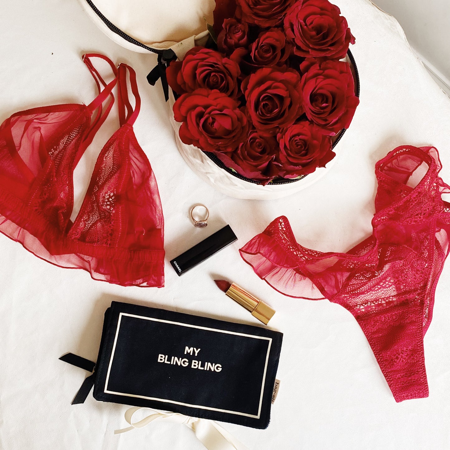 Bag-all Black Jewelry Organizer Travel Pouch with red roses, lingerie, and lipstick - stylish travel case with three compartments for rings, earrings, and accessories