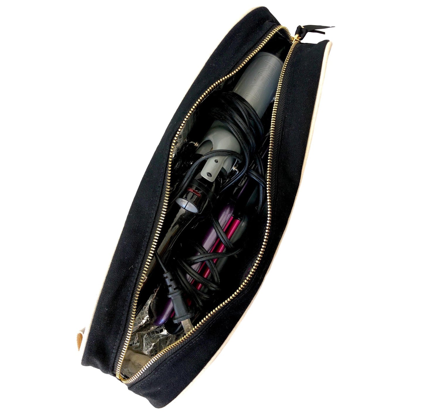 Bag-all Deal Gift Set black cotton travel case with hair tools inside, featuring gold zipper detail and protective lining - part of 4-pack Travel & Home collection