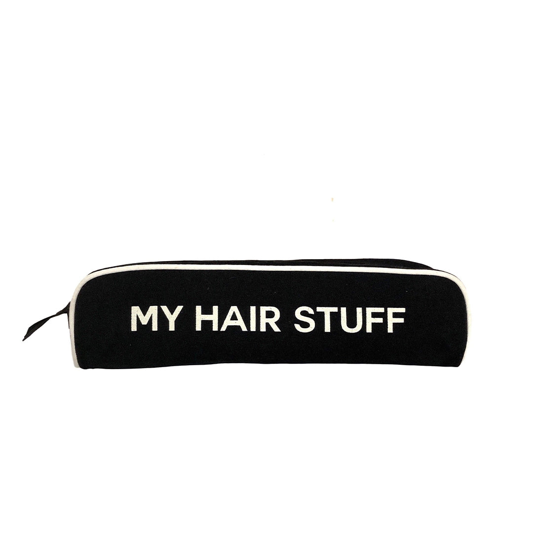 Bag-all Hair Stuff Travel Case in black, heat-resistant storage pouch for styling tools and accessories with white text MY HAIR STUFF printed on front