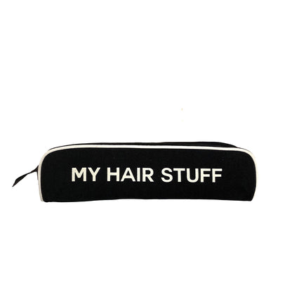 Bag-all Hair Stuff Travel Case in black, heat-resistant storage pouch for styling tools and accessories with white text MY HAIR STUFF printed on front