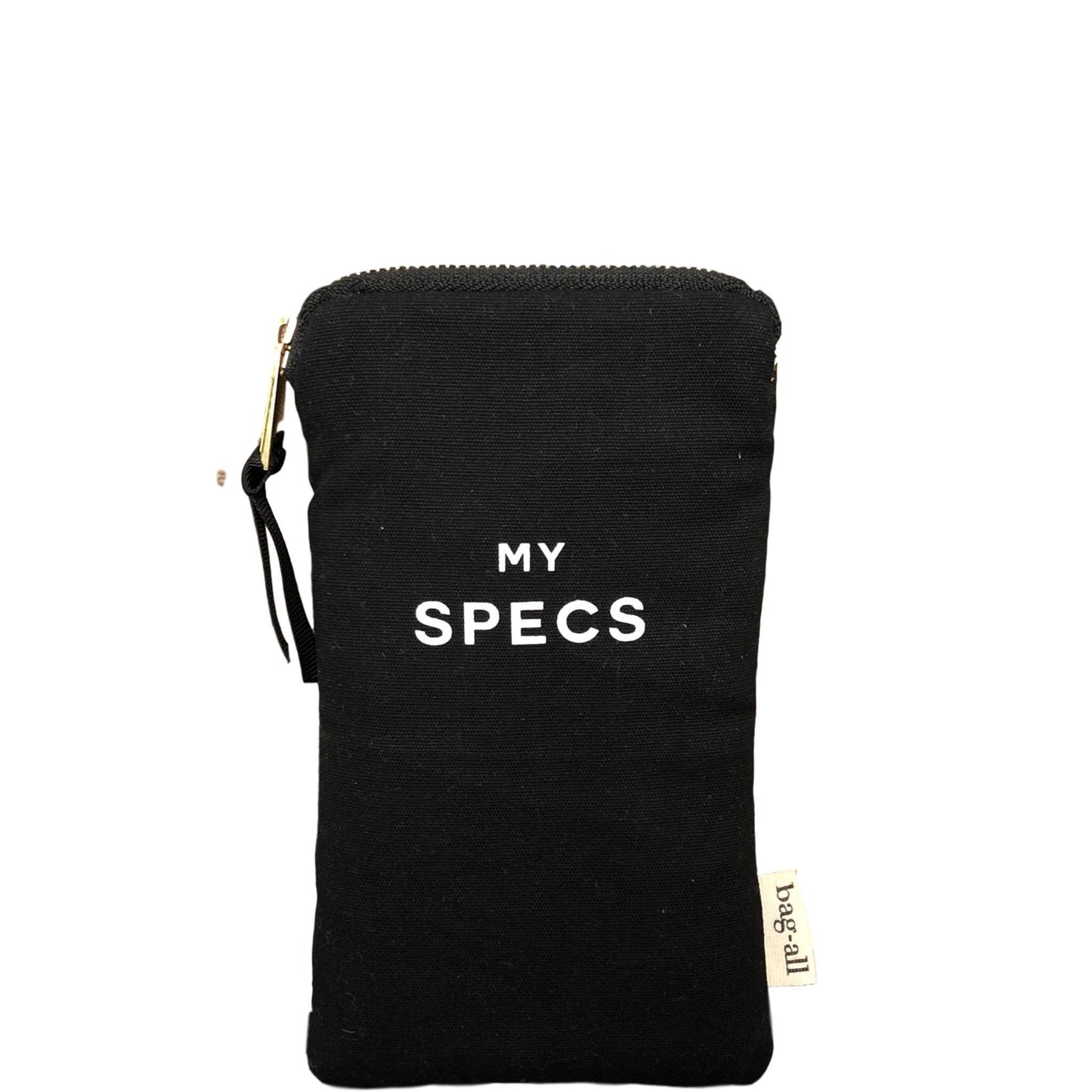 Bag-all My Specs Glasses Case in black cotton canvas with exterior pocket and white text print, featuring secure zipper closure and space for phone storage