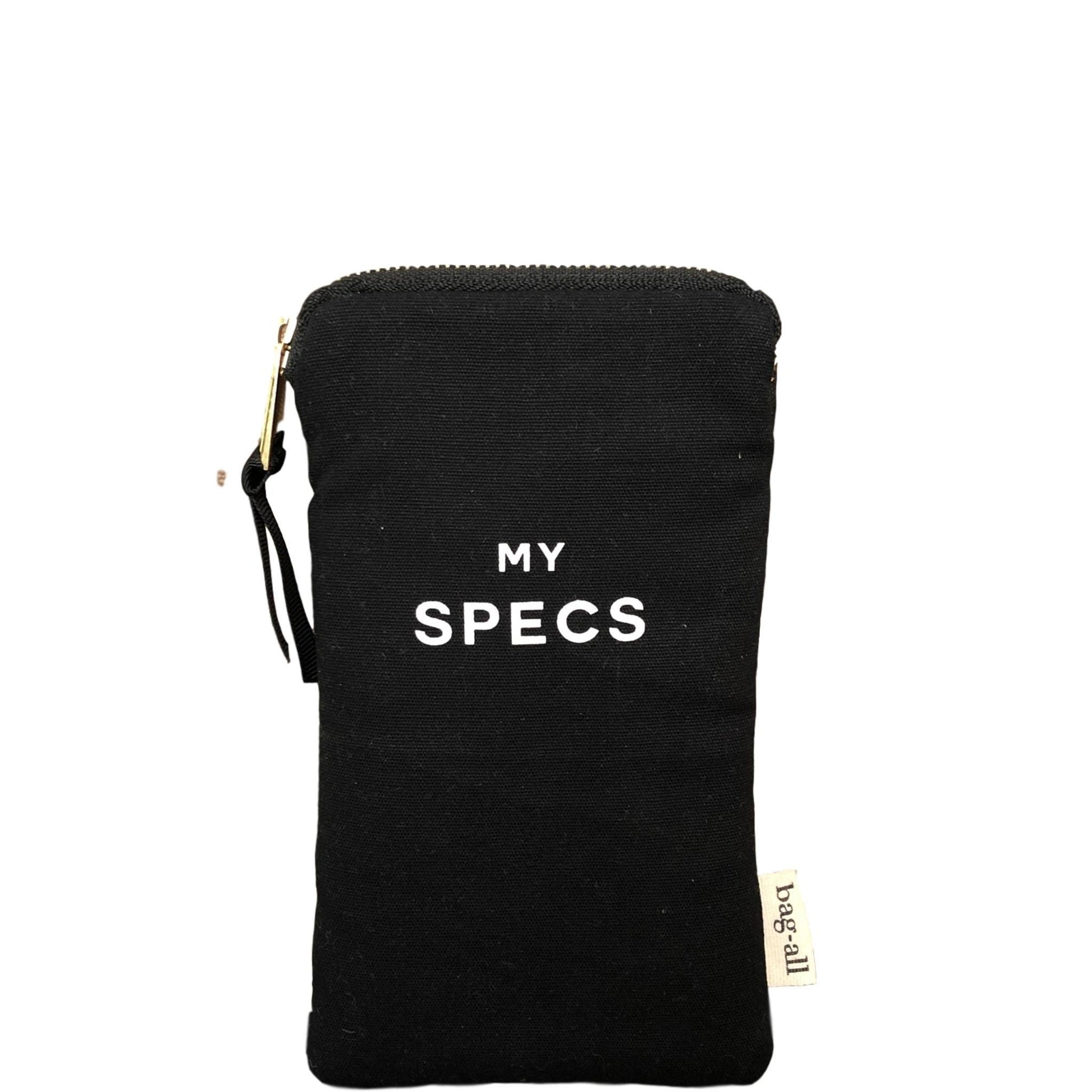 Bag-all My Specs Glasses Case in black cotton canvas with exterior pocket and white text print, featuring secure zipper closure and space for phone storage