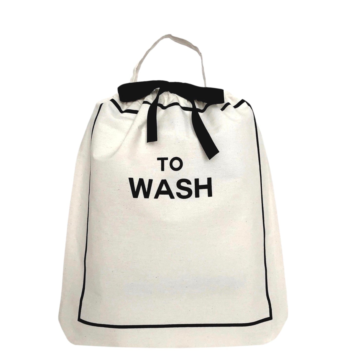 Bag-all To Wash Laundry Bag in cream with black trim, drawstring closure and carry handle, featuring bold 'TO WASH' text print, perfect for organizing dirty clothes while traveling
