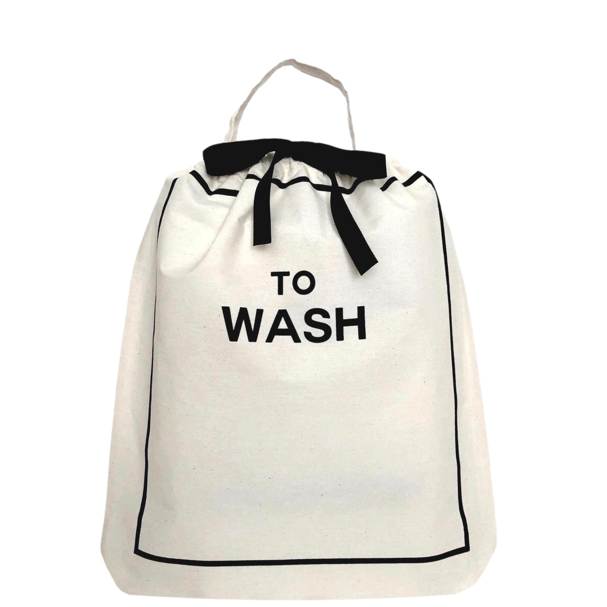 Bag-all To Wash Laundry Bag in cream with black trim, drawstring closure and carry handle, featuring bold 'TO WASH' text print, perfect for organizing dirty clothes while traveling