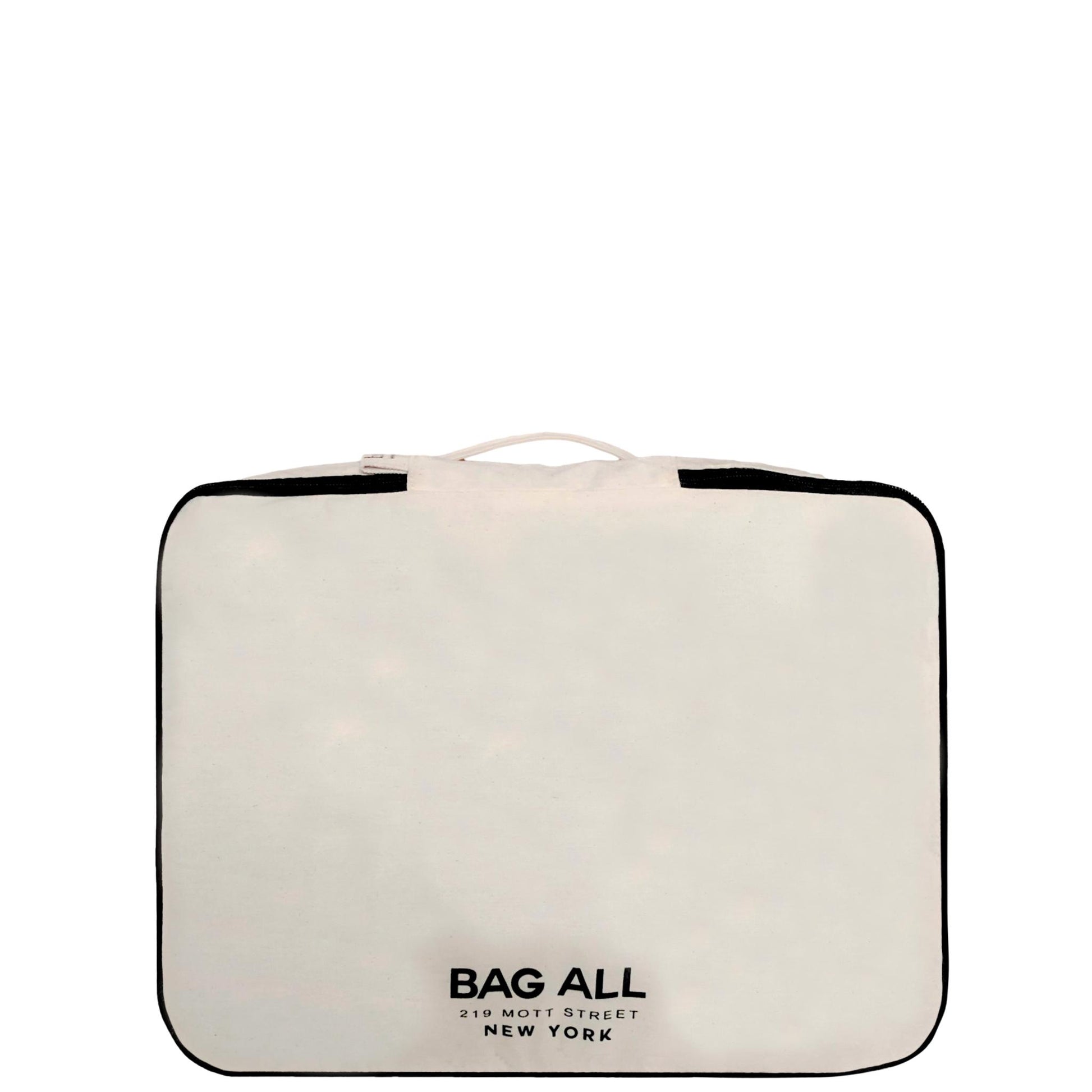 Bag-all Large Double Sided Packing Cube in cream with black trim, featuring dual compartments and shoe storage pocket, perfect for organized travel storage