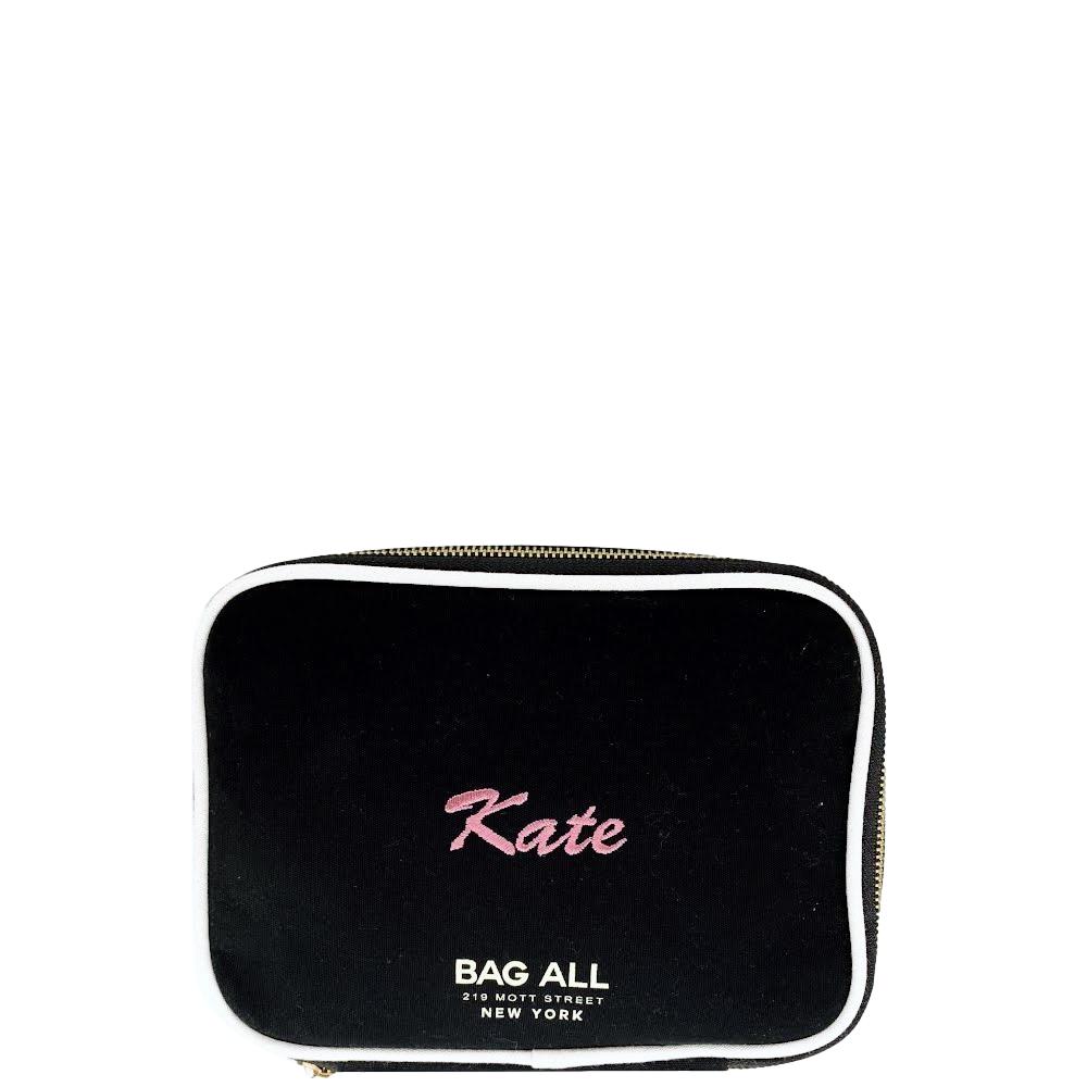 Bag-all Double Sided Toiletry Case in Black with pink monogram, featuring waterproof interior, dual compartments, elastic straps, and metal zippers for travel organization