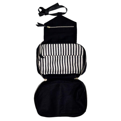 Bag-all Folding/Hanging Toiletry Case in black cotton with striped interior compartments, featuring multiple storage sections and adjustable hanging strap for travel organization