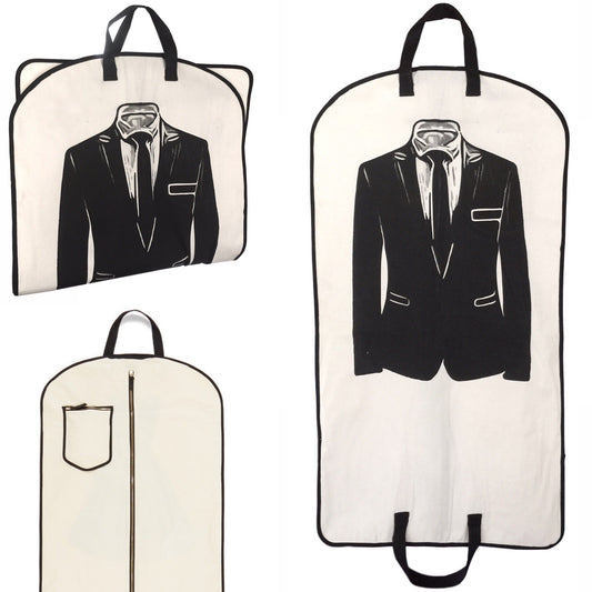 Bag-all Men's Suit Garment Bag with Pocket in Cream - Cotton travel organizer with black suit silhouette design, dual handles, zipper closure, and exterior storage pocket for accessories