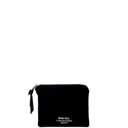 Bag-all Mini Trinket Pouch in Black - compact velvet organizer for small essentials with zipper closure, featuring logo detail and minimalist design