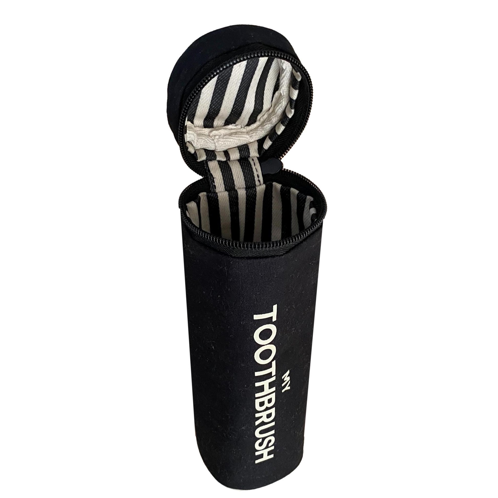 Bag-all black toothbrush travel case with striped interior lining, featuring zippered closure and printed logo, perfect for organized toiletry storage