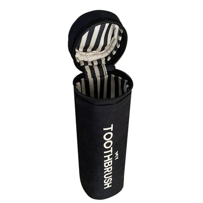 Bag-all black toothbrush travel case with striped interior lining, featuring zippered closure and printed logo, perfect for organized toiletry storage