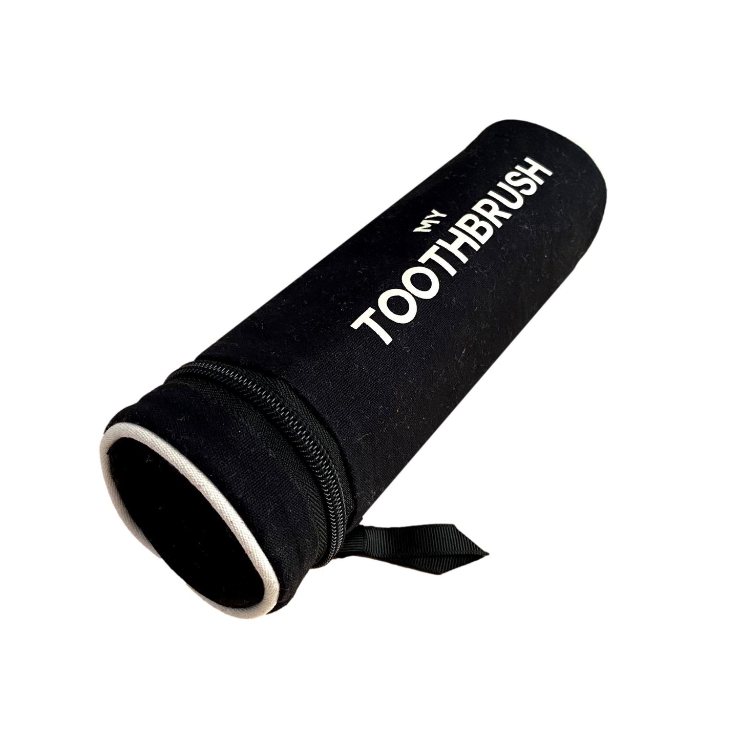 Bag-all Toothbrush Travel Case in black with white text, cylindrical shape, metal zipper, fits 5 toothbrushes and toothpaste, perfect for travel organization