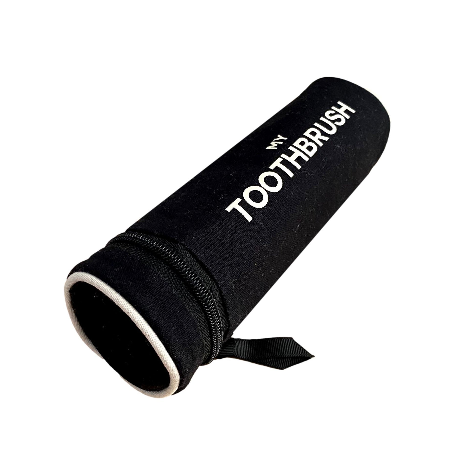 Bag-all Toothbrush Travel Case in black with white text, cylindrical shape, metal zipper, fits 5 toothbrushes and toothpaste, perfect for travel organization