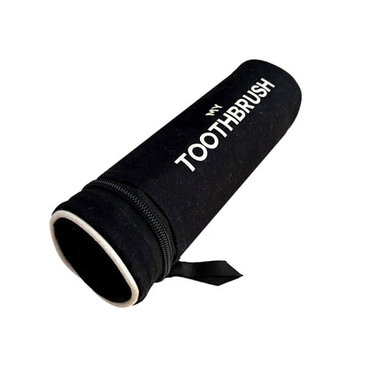 Bag-all Toothbrush Travel Case in black with white text, cylindrical shape, metal zipper, fits 5 toothbrushes and toothpaste, perfect for travel organization