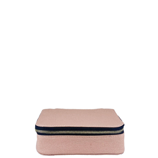 Bag-all Pink Cosmetics/Trinket Box with gold zipper - stylish storage solution for makeup and accessories, featuring striped interior lining