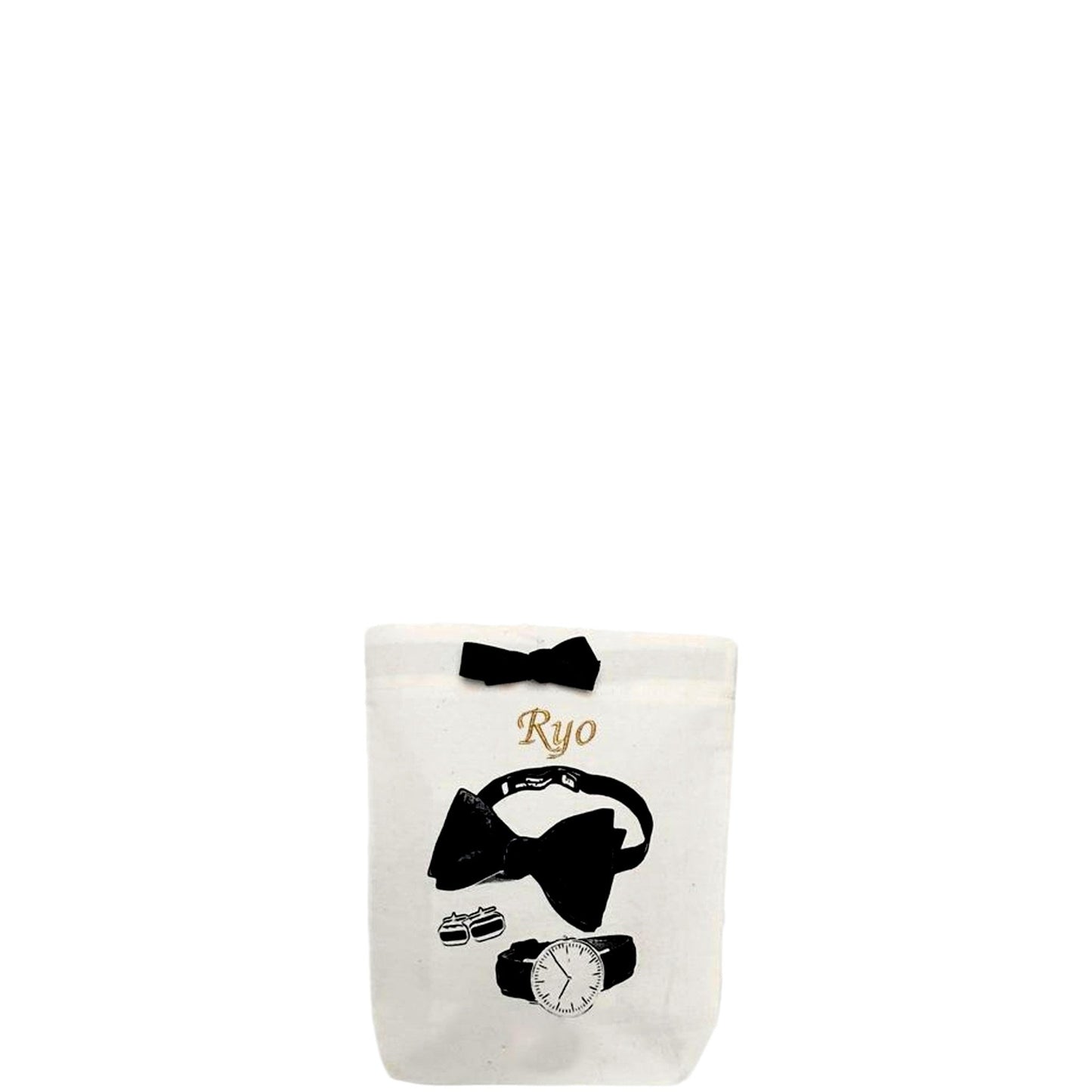 Bag-all Men's Accessories Bag in cream canvas with black bow and stylish accessory prints featuring bow tie, watch, and cufflinks illustrations