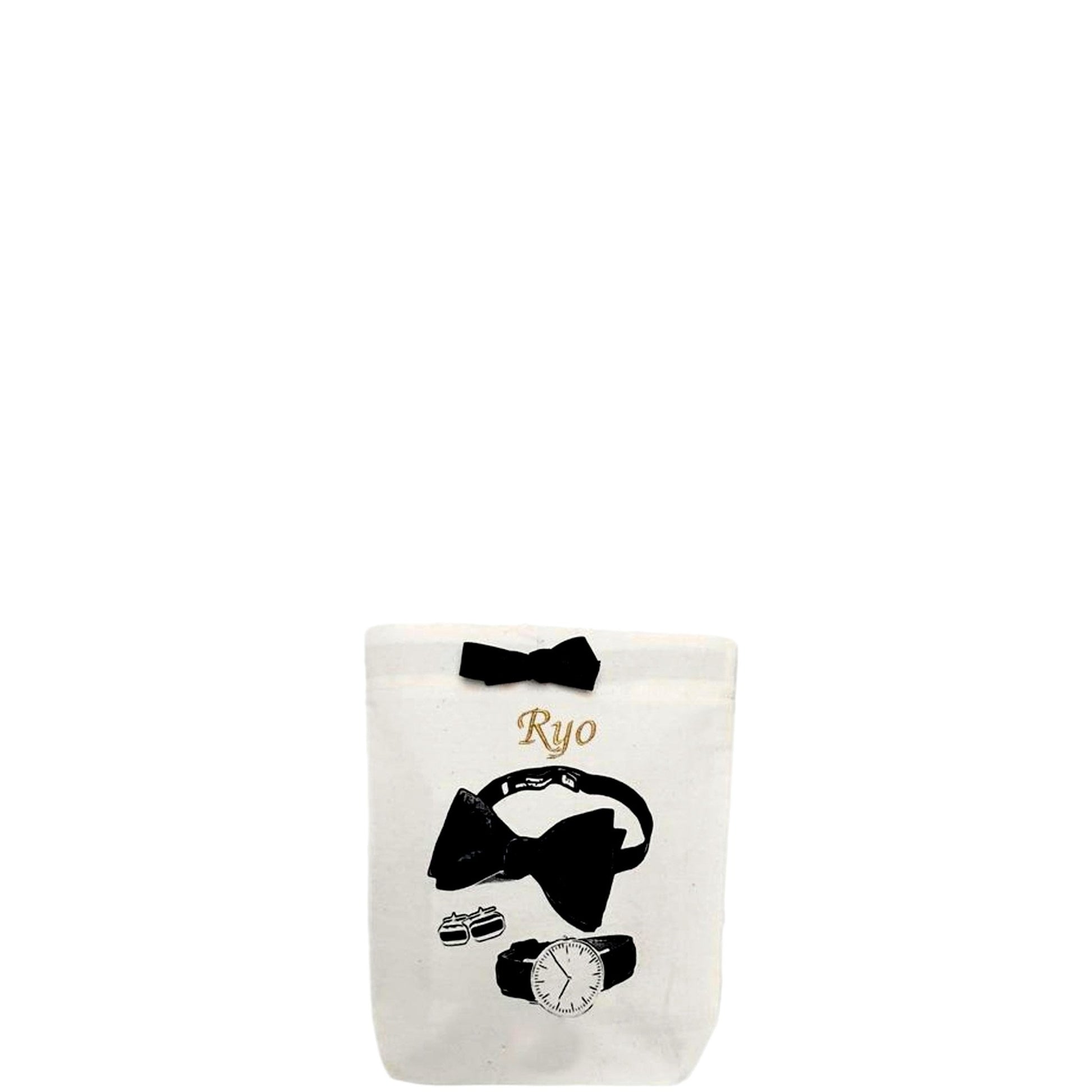 Bag-all Men's Accessories Bag in cream canvas with black bow and stylish accessory prints featuring bow tie, watch, and cufflinks illustrations