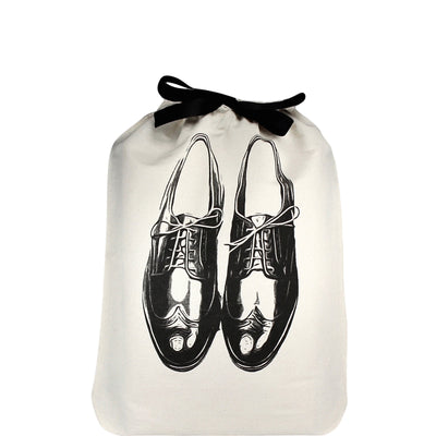 Bag-all Men's Shoe Bag in cream with black bow featuring classic oxford dress shoe illustration, perfect for travel and closet organization.