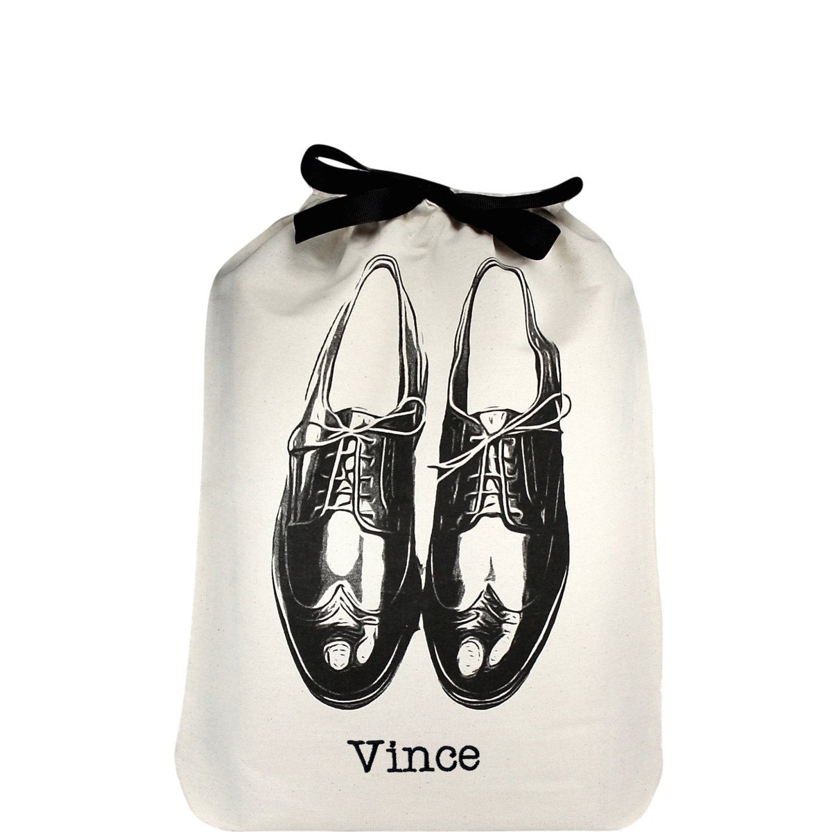 Bag-all Men's Shoe Bag in cream with black vintage oxford shoe illustration and black ribbon tie closure, featuring personalized monogram Vince