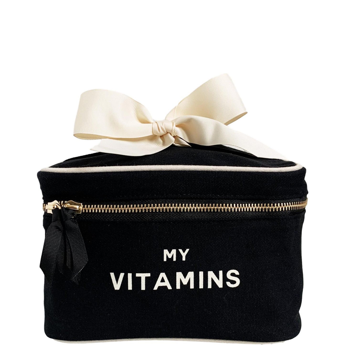 Bag-all Vitamins Storage and Travel Box in black canvas with cream bow, featuring "MY VITAMINS" text and gold zipper, perfect for organizing supplements on-the-go