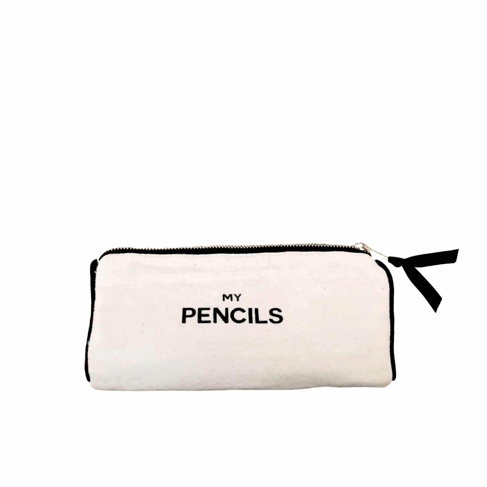 Bag-all Cream Pencil Case with 'MY PENCILS' text, featuring black trim and zipper closure, perfect for school and office organization