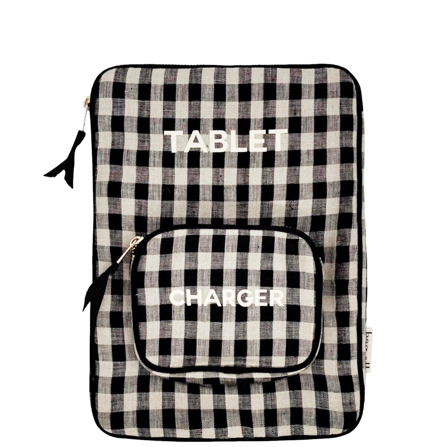 Bag-all Tablet Case 11" in black and white gingham pattern with charger pocket, padded protection and zipper closure, perfect for tablets and accessories