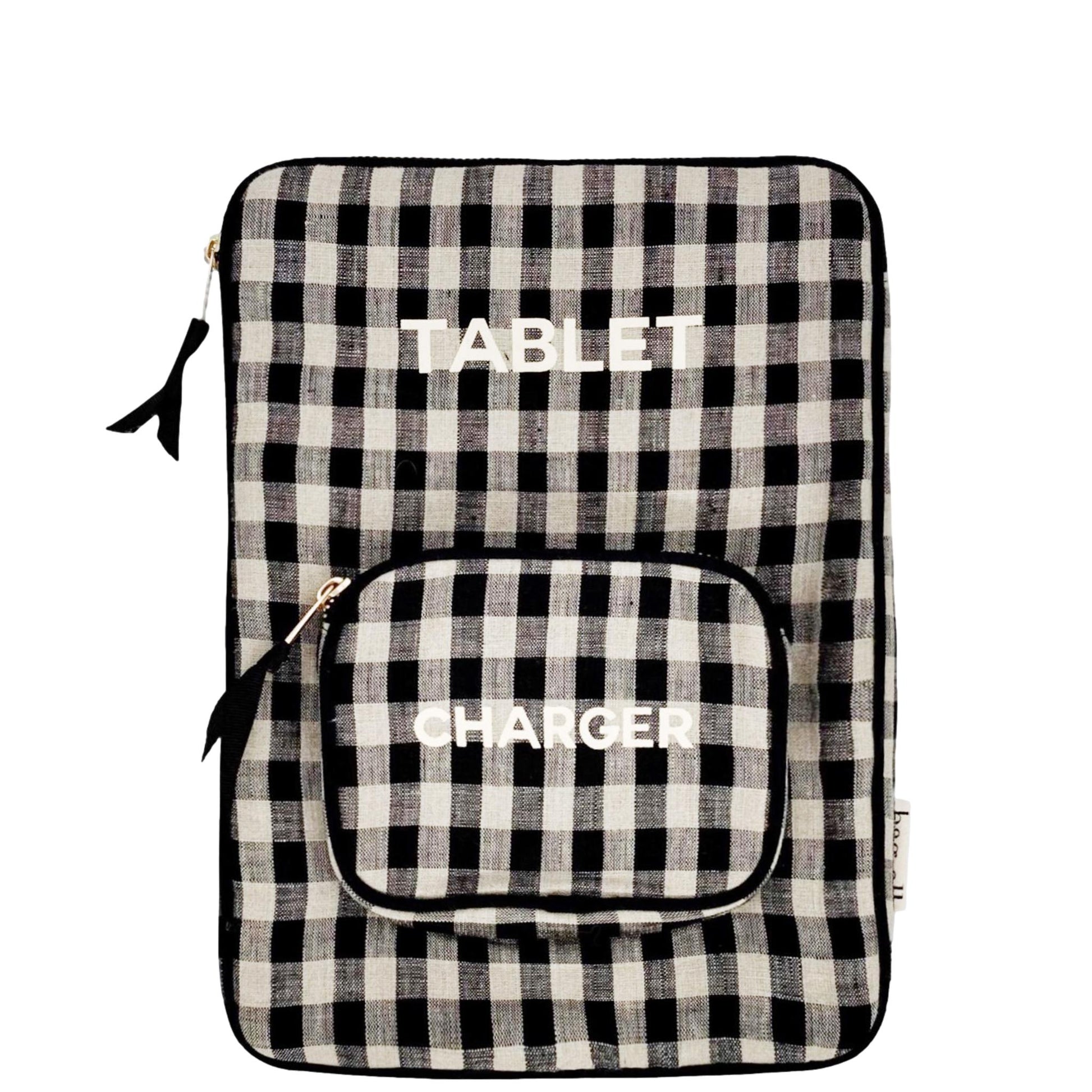 Bag-all Tablet Case 11" in black and white gingham pattern with charger pocket, padded protection and zipper closure, perfect for tablets and accessories