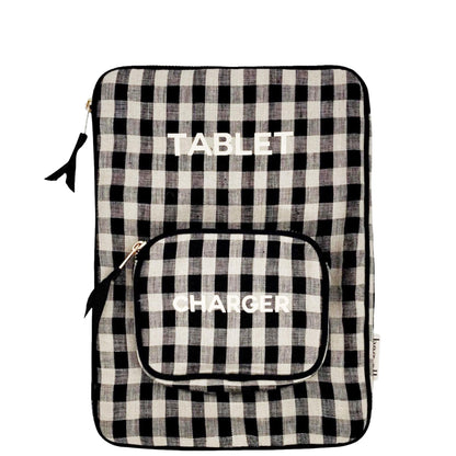 Bag-all Tablet Case 11" in black and white gingham pattern with charger pocket, padded protection and zipper closure, perfect for tablets and accessories
