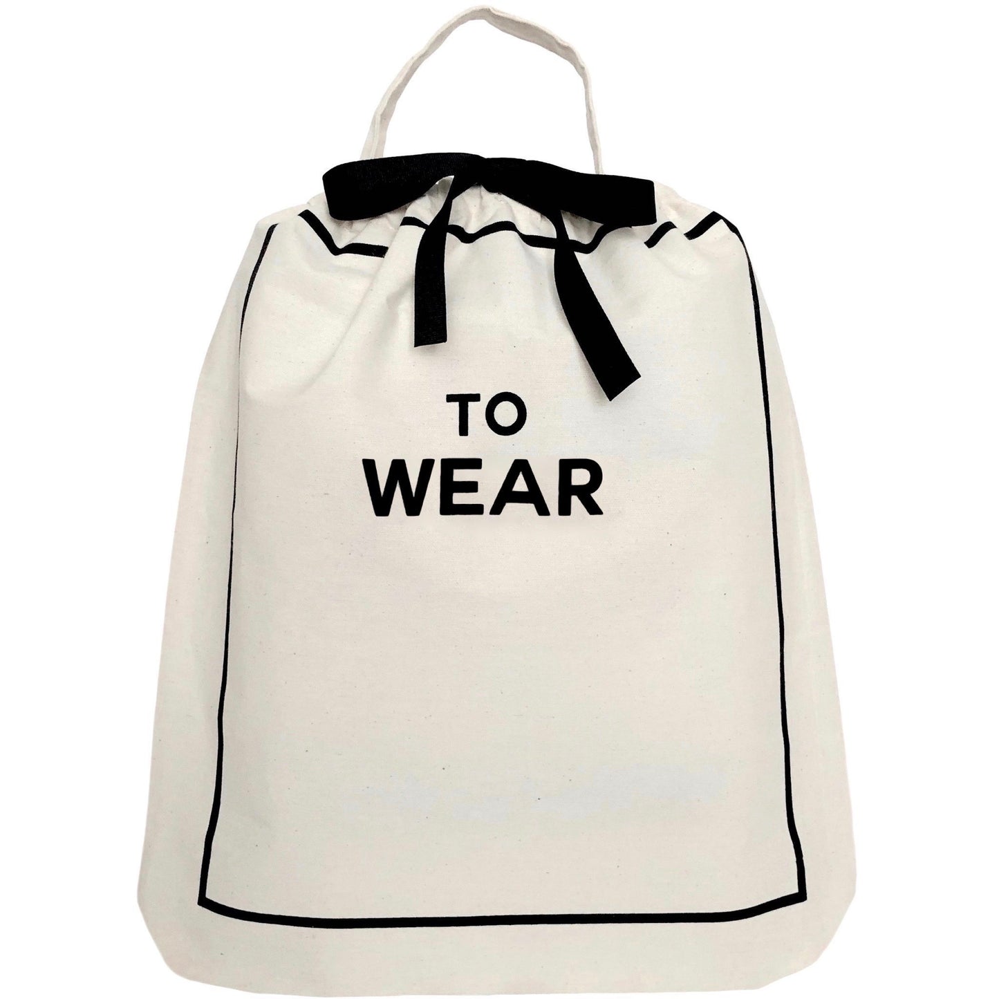 Bag-all To Wear Outfit Bag in cream with black text and ribbon detail - cotton travel organizer with drawstring closure and carrying handle