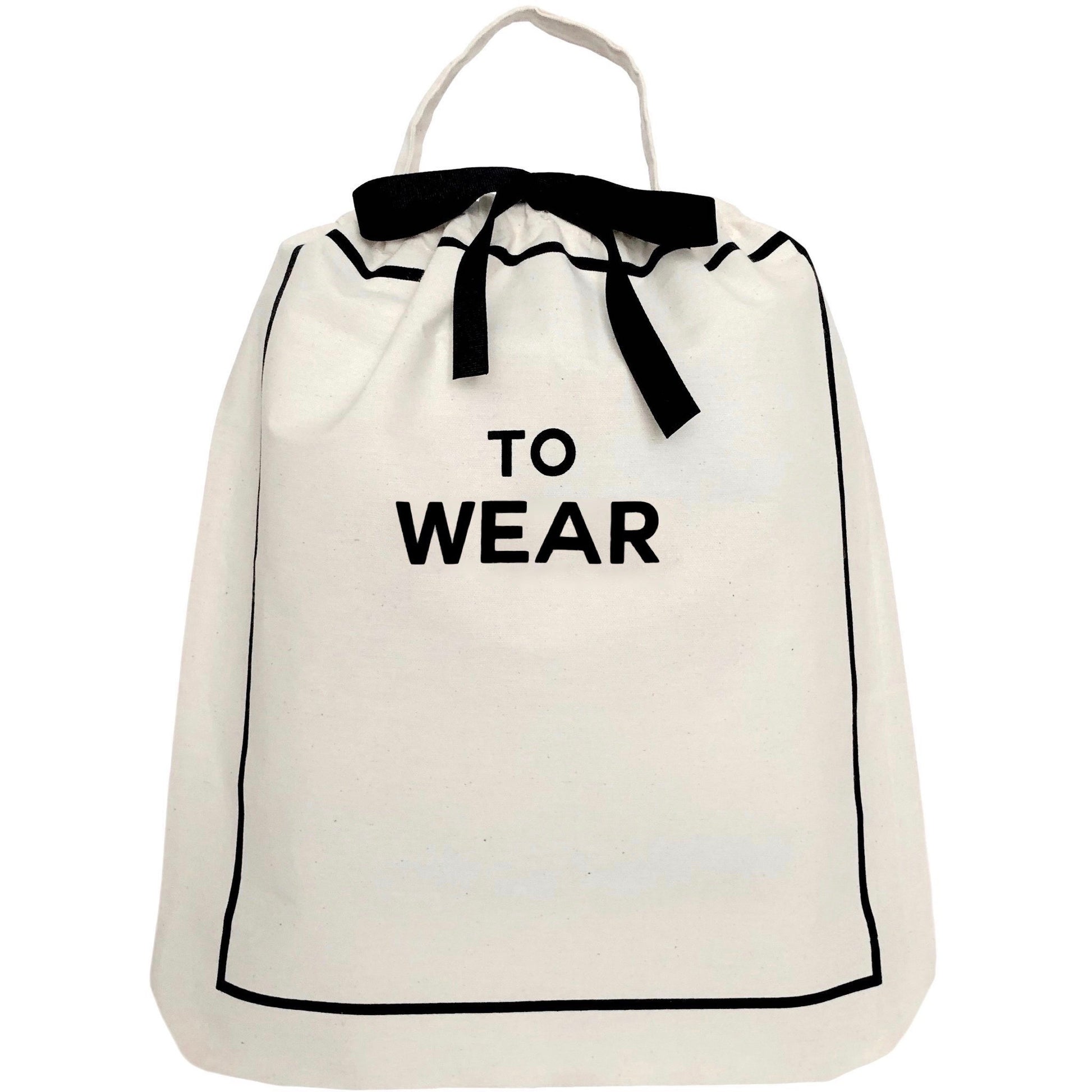 Bag-all To Wear Outfit Bag in cream with black text and ribbon detail - cotton travel organizer with drawstring closure and carrying handle