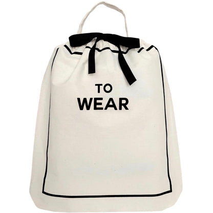 Bag-all To Wear Outfit Bag in cream with black text and ribbon detail - cotton travel organizer with drawstring closure and carrying handle