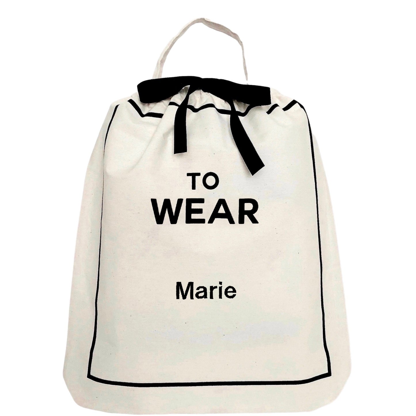 Bag-all To Wear Outfit Bag in cream cotton with black text, drawstring closure and carrying handle - perfect for organizing daily travel outfits