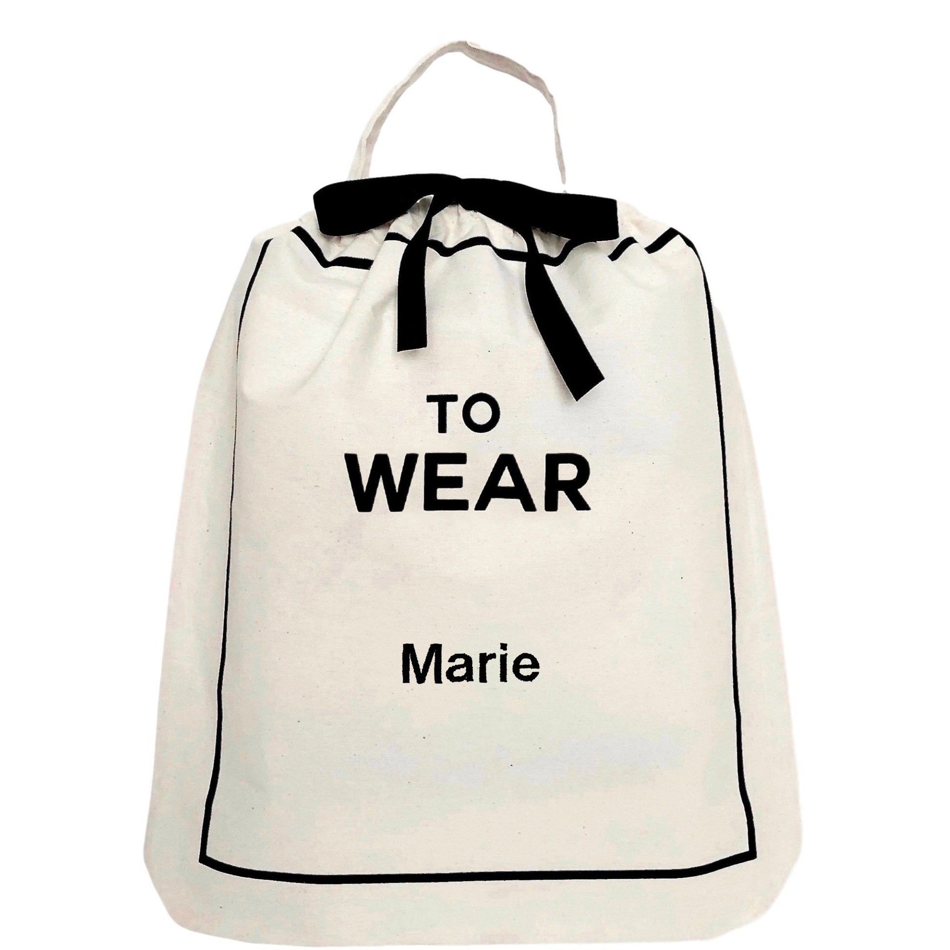 Bag-all To Wear Outfit Bag in cream cotton with black text, drawstring closure and carrying handle - perfect for organizing daily travel outfits