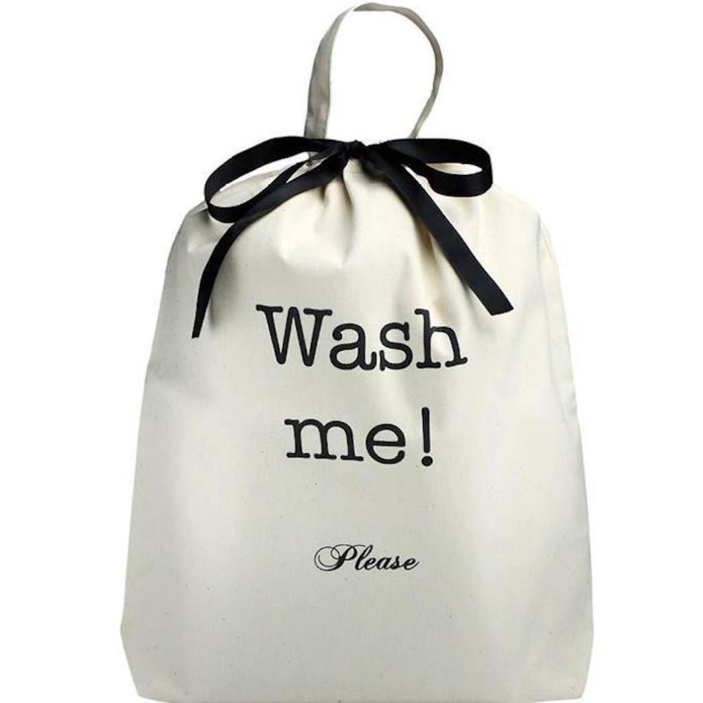 Bag-all Men's Travel Set cream cotton laundry bag with black ribbon and 'Wash me! Please' text, part of 4-pack organizing solution for travelers