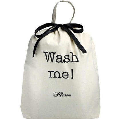 Bag-all Men's Travel Set cream cotton laundry bag with black ribbon and 'Wash me! Please' text, part of 4-pack organizing solution for travelers