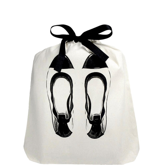 Bag-all cotton organizing bag with elegant black ballet flats design, featuring black ribbon closure on white fabric, perfect for storing dance shoes