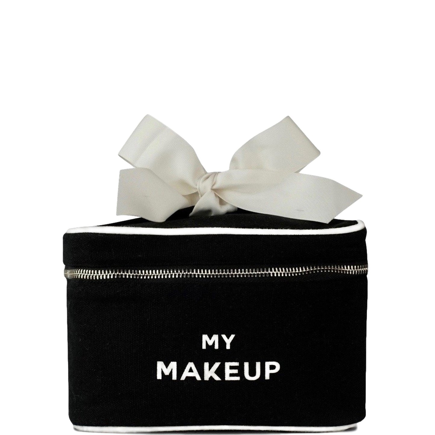 Bag-all My Makeup Cosmetic Box in black canvas with white bow, silver zipper and waterproof interior, perfect for organizing beauty essentials and travel