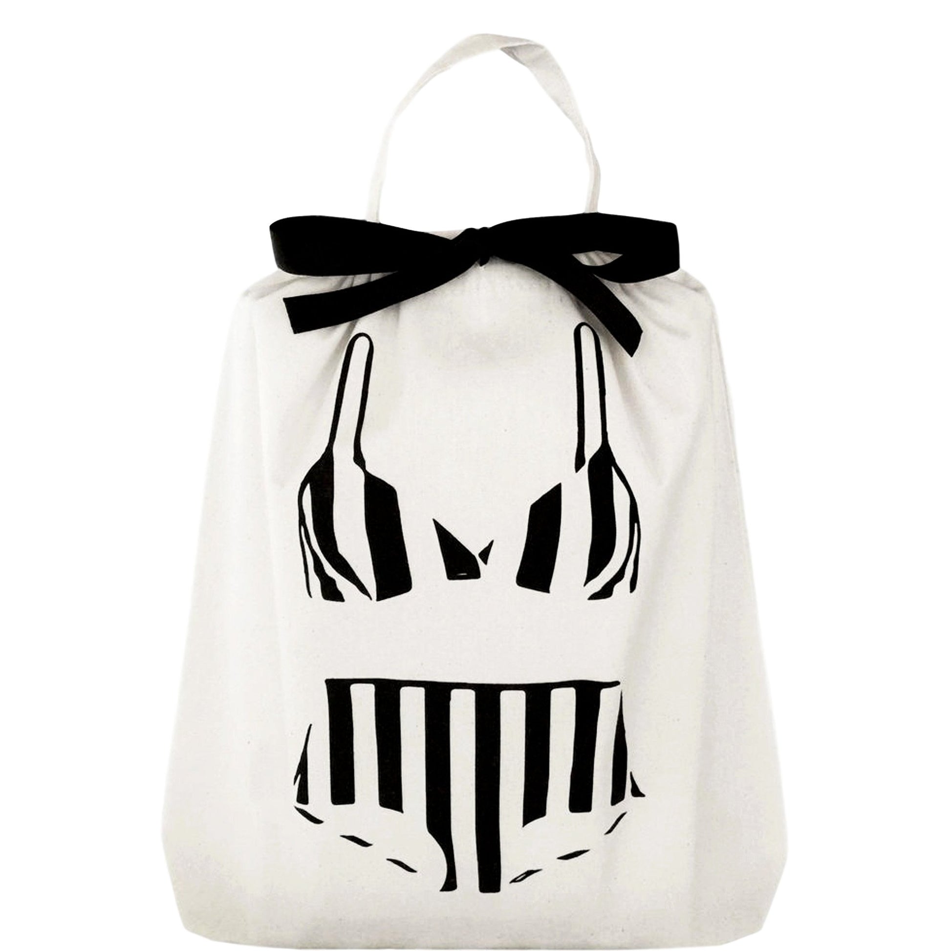 Bag-all Striped Bikini Organizing Bag - White cotton travel bag with black bikini silhouette print and decorative bow, perfect for swimwear storage