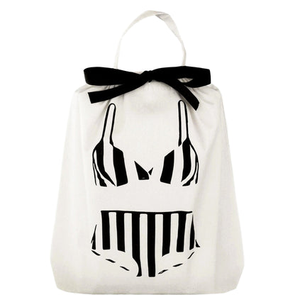 Bag-all Striped Bikini Organizing Bag - White cotton travel bag with black bikini silhouette print and decorative bow, perfect for swimwear storage
