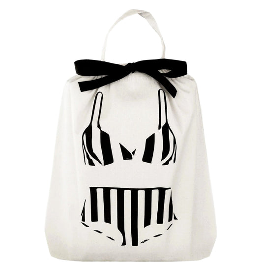 Bag-all Striped Bikini Organizing Bag - White cotton travel bag with black bikini silhouette print and decorative bow, perfect for swimwear storage
