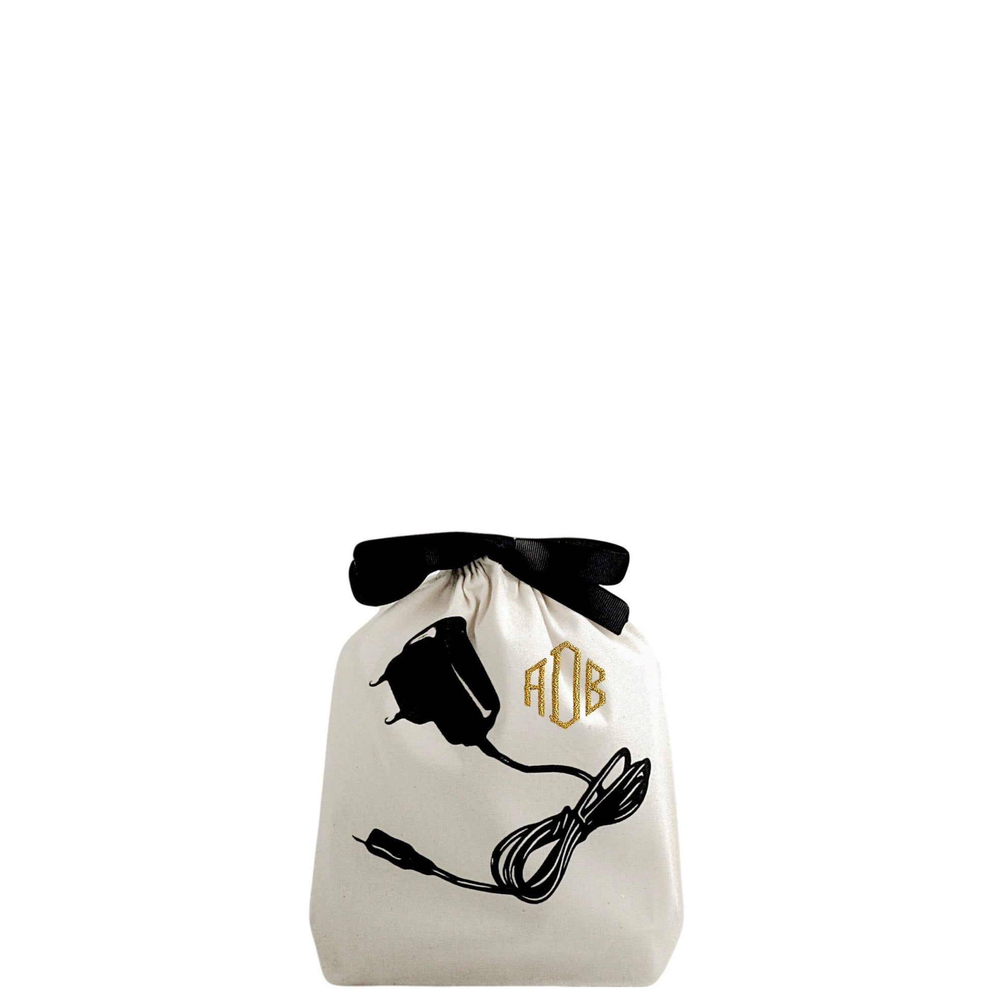 Bag-all Cream Charger Bag with black bow and gold monogram, featuring charger cord illustration, perfect for organizing cables and cords