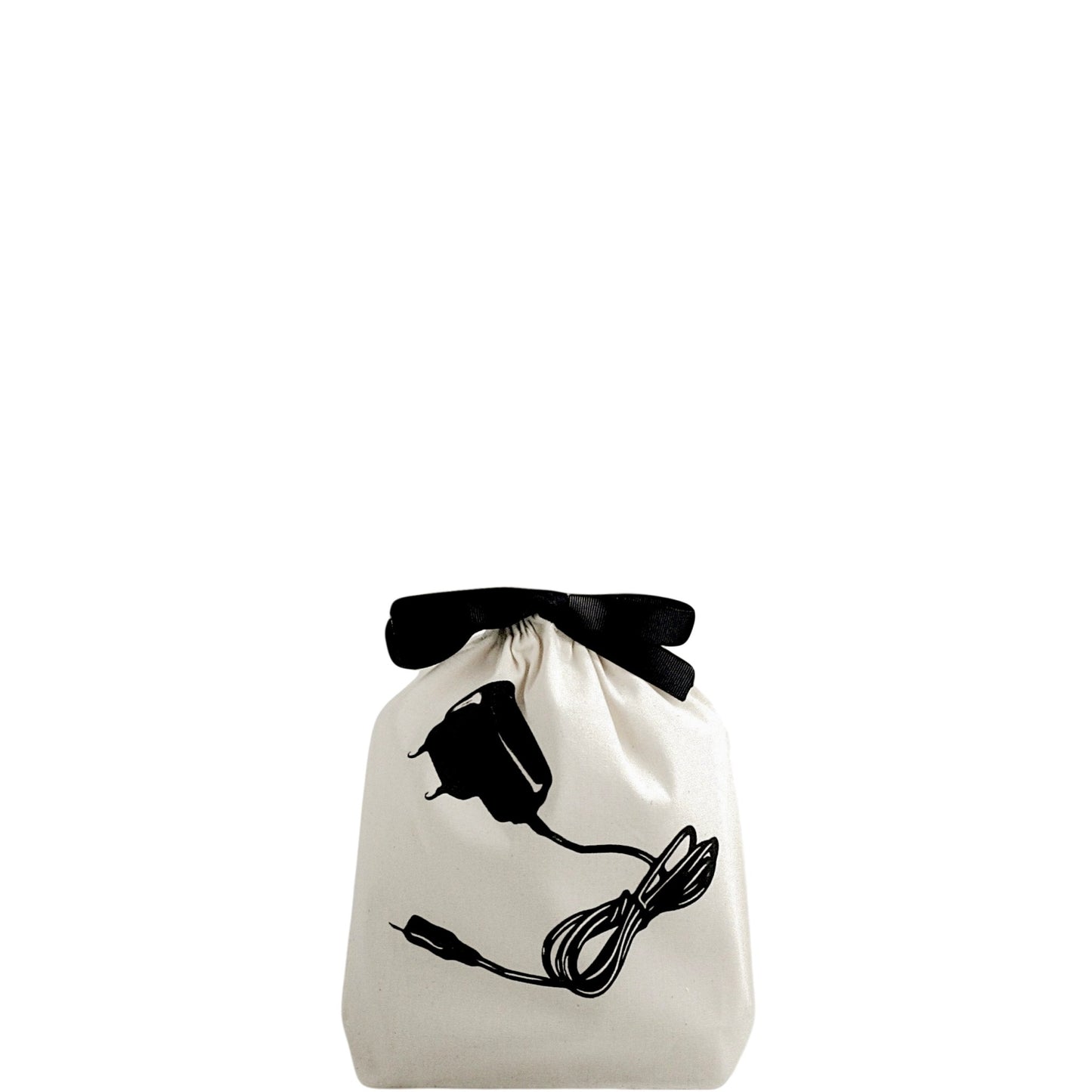 Bag-all Cream Charger Bag with black bow and charger cord illustration, perfect for organizing cables and keeping them tangle-free
