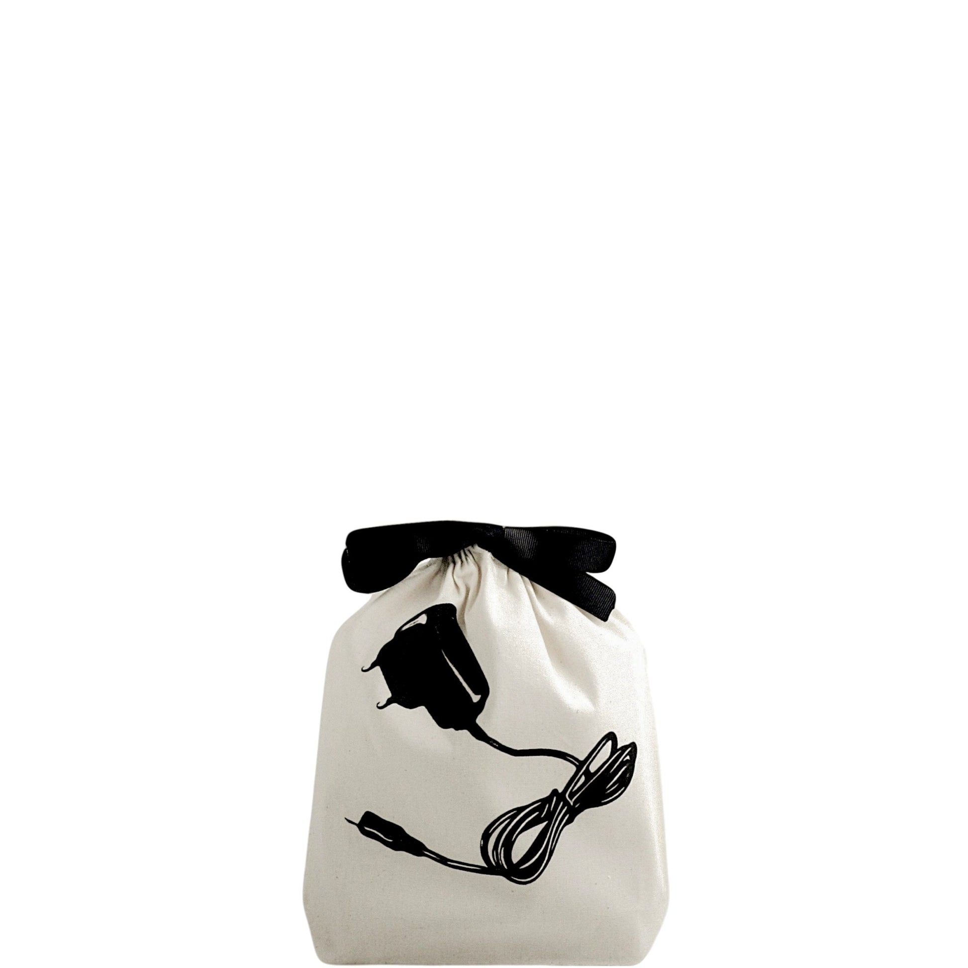 Bag-all Cream Charger Bag with black bow and charger cord illustration, perfect for organizing cables and keeping them tangle-free