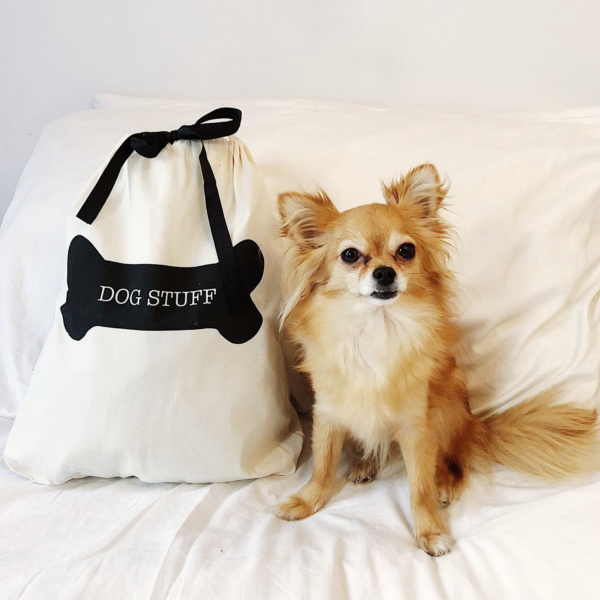 Bag-all Dog Stuff Bag in cream cotton with black bone design sits beside a small fluffy dog on white bedding