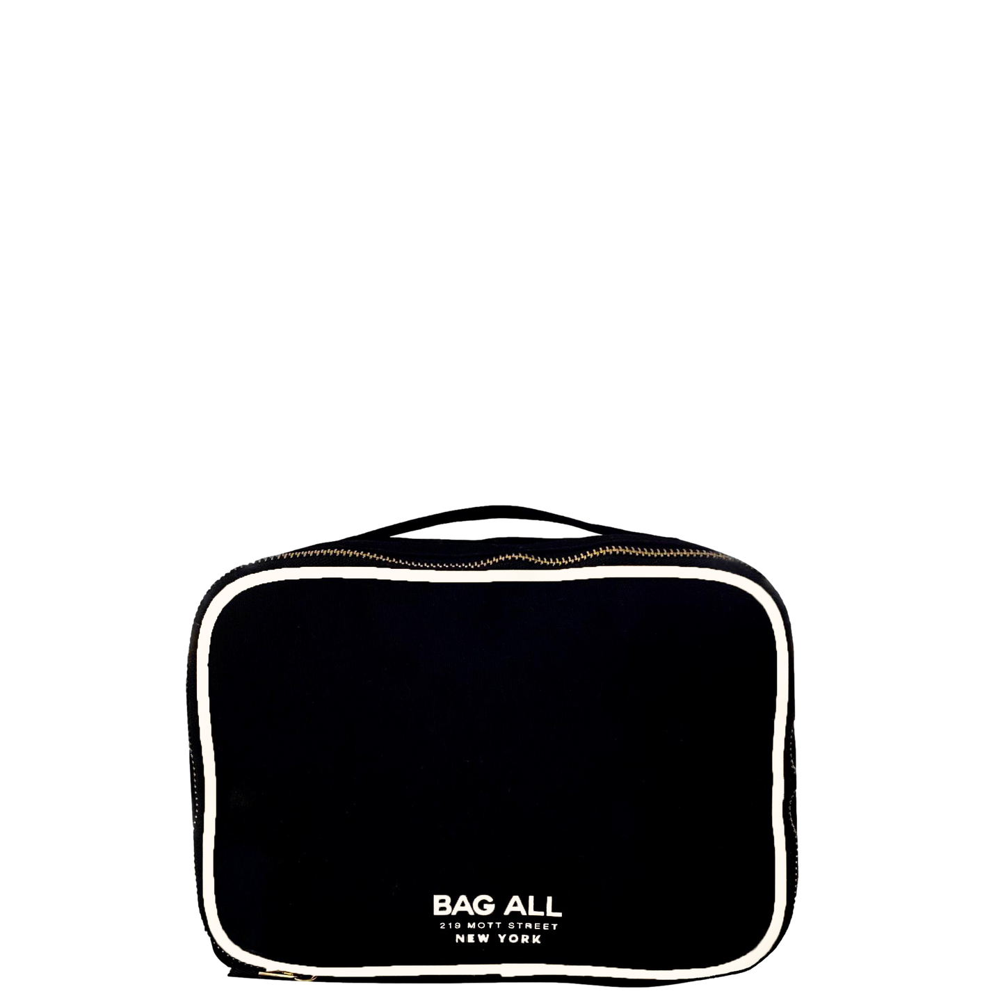 Bag-all Double Sided Toiletry Case in Black with white trim and dual compartments, featuring waterproof lining and carry handle - perfect for travel organization